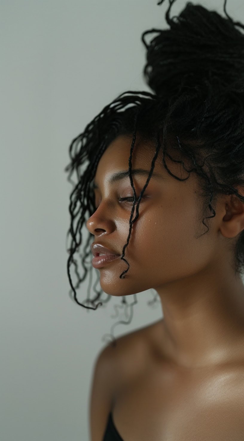 In this photo, a woman with thin locs styled in a top knot with loose locs framing her face looks to the side.