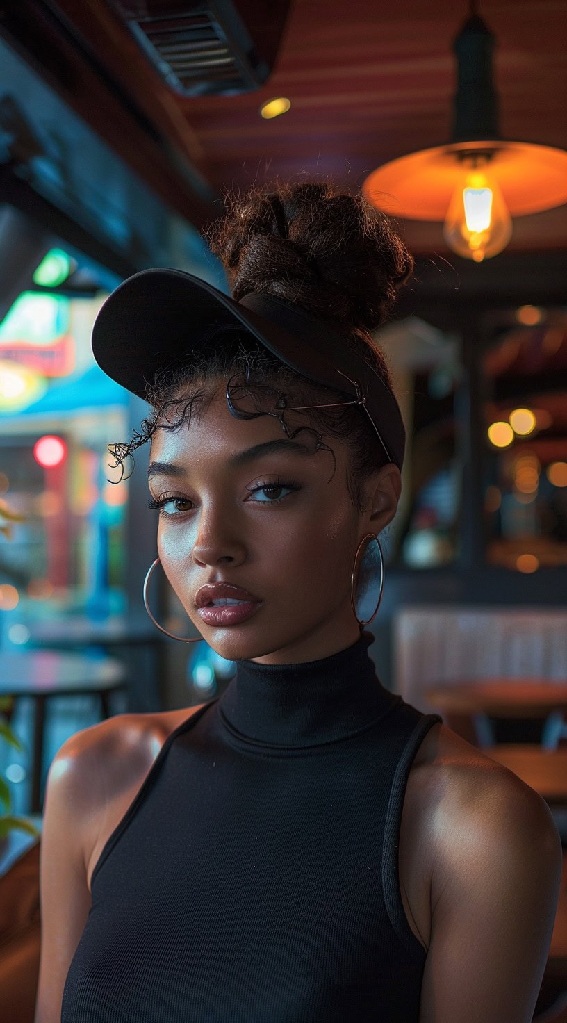 Portrait of a woman with a top knot, wearing a black visor in a softly lit indoor environment.