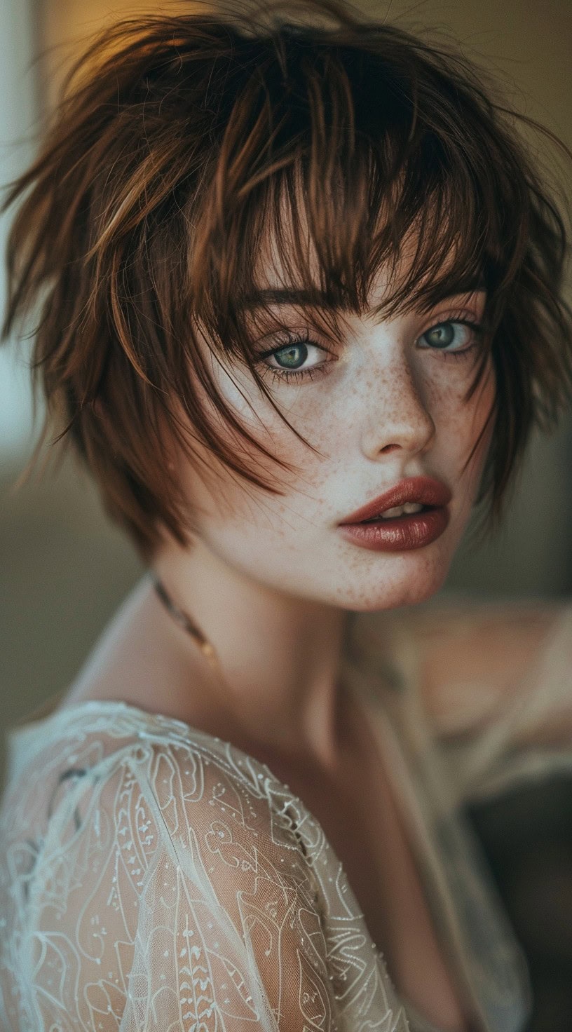 Young woman with a tousled bob and long wispy bangs, gazing intensely.