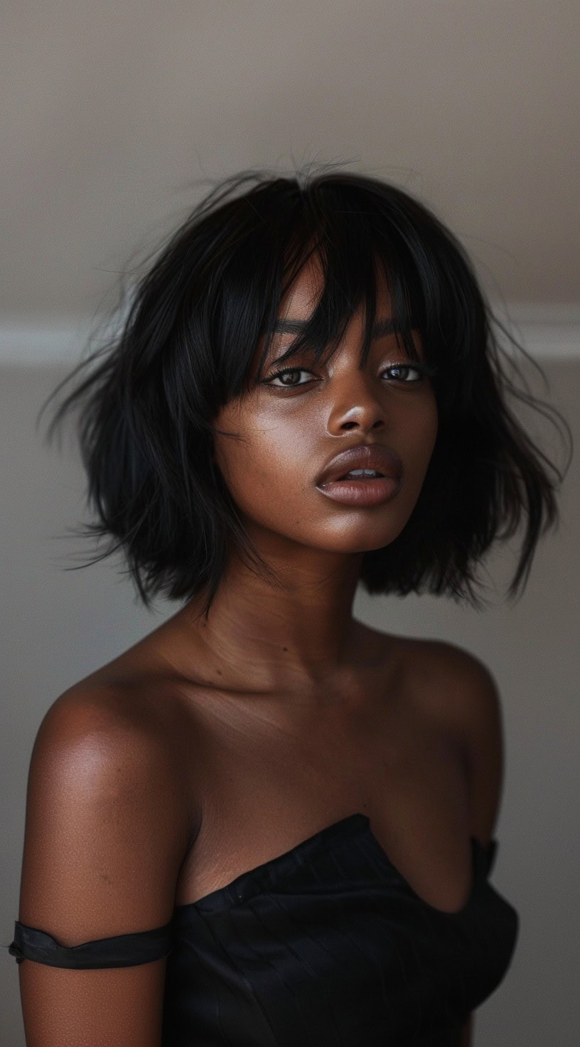 Front view of a woman with a tousled bob haircut and shaggy bangs, wearing an off-shoulder top.