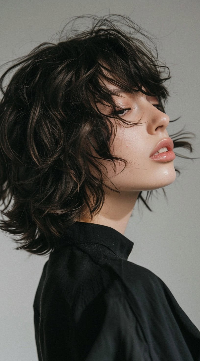 In the photo, a woman with dark, tousled, wavy hair in a bob cut is shown in a profile view.