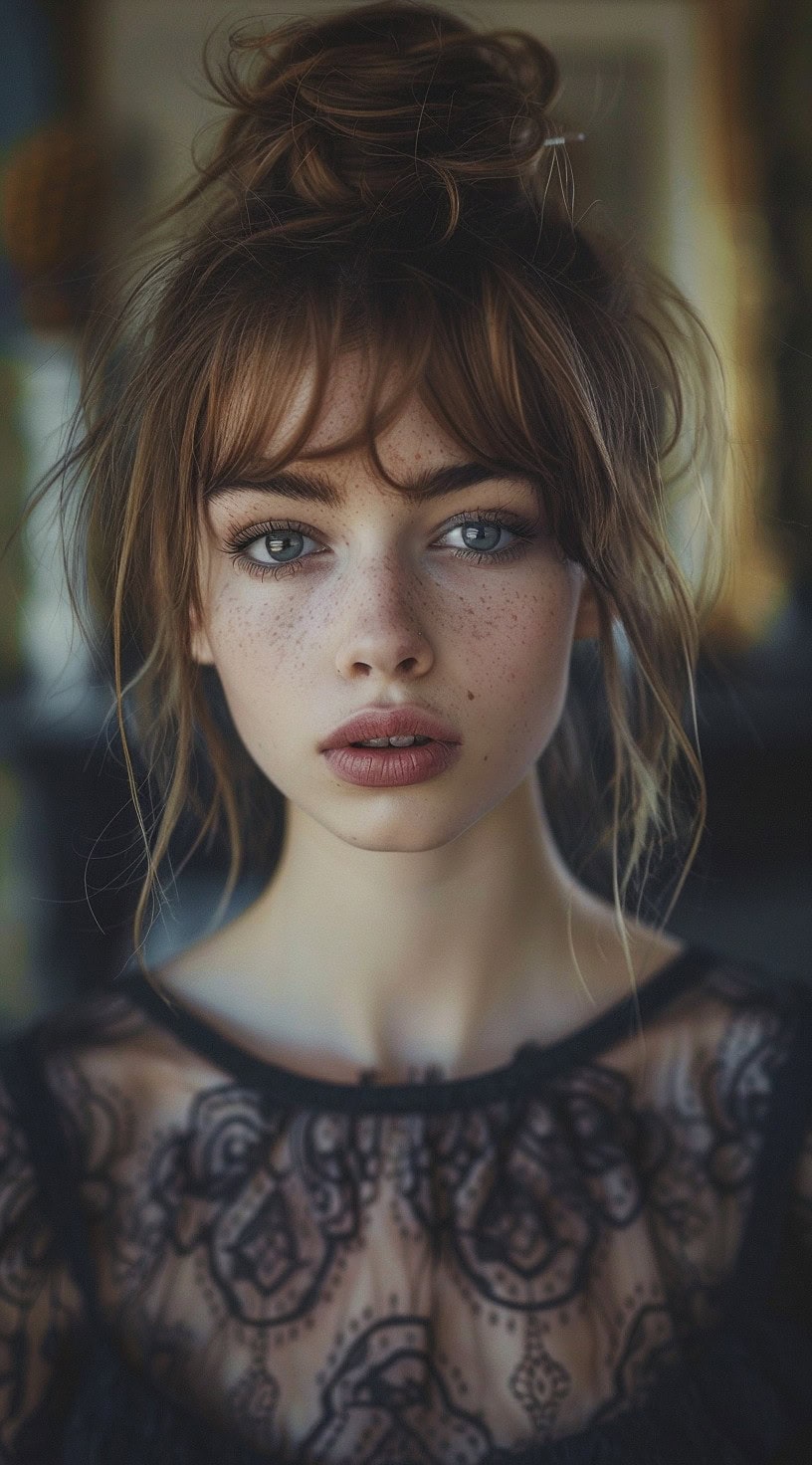 Close-up of a woman with tousled bottleneck bangs and a top knot, creating a casual and chic look.