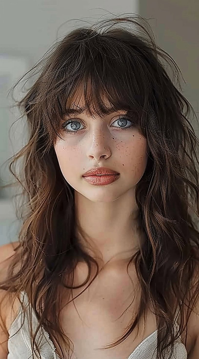 Close-up of a woman with tousled bottleneck bangs and wavy layers, creating a textured and voluminous look.