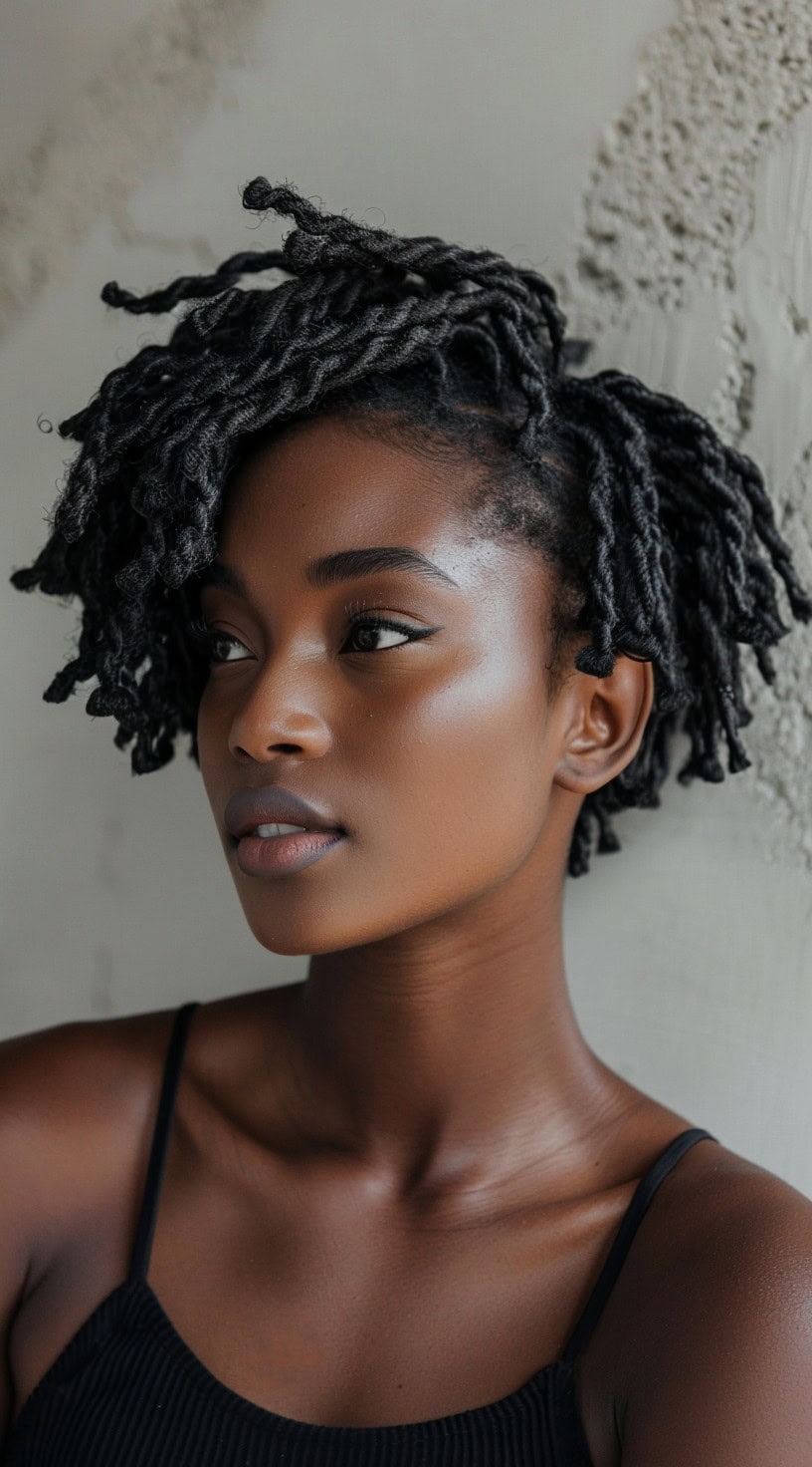 This picture shows a woman with tousled crochet twists styled for a natural look.