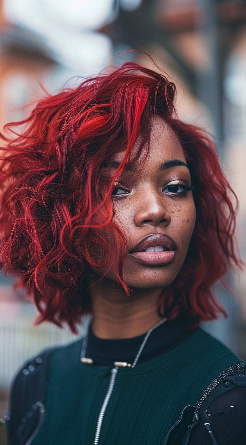 A woman with dark skin and a tousled curly red bob is shown outdoors, giving a relaxed and natural vibe.