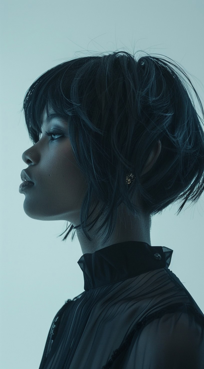 Profile view of a woman with a tousled disconnected short bob and wispy bangs.