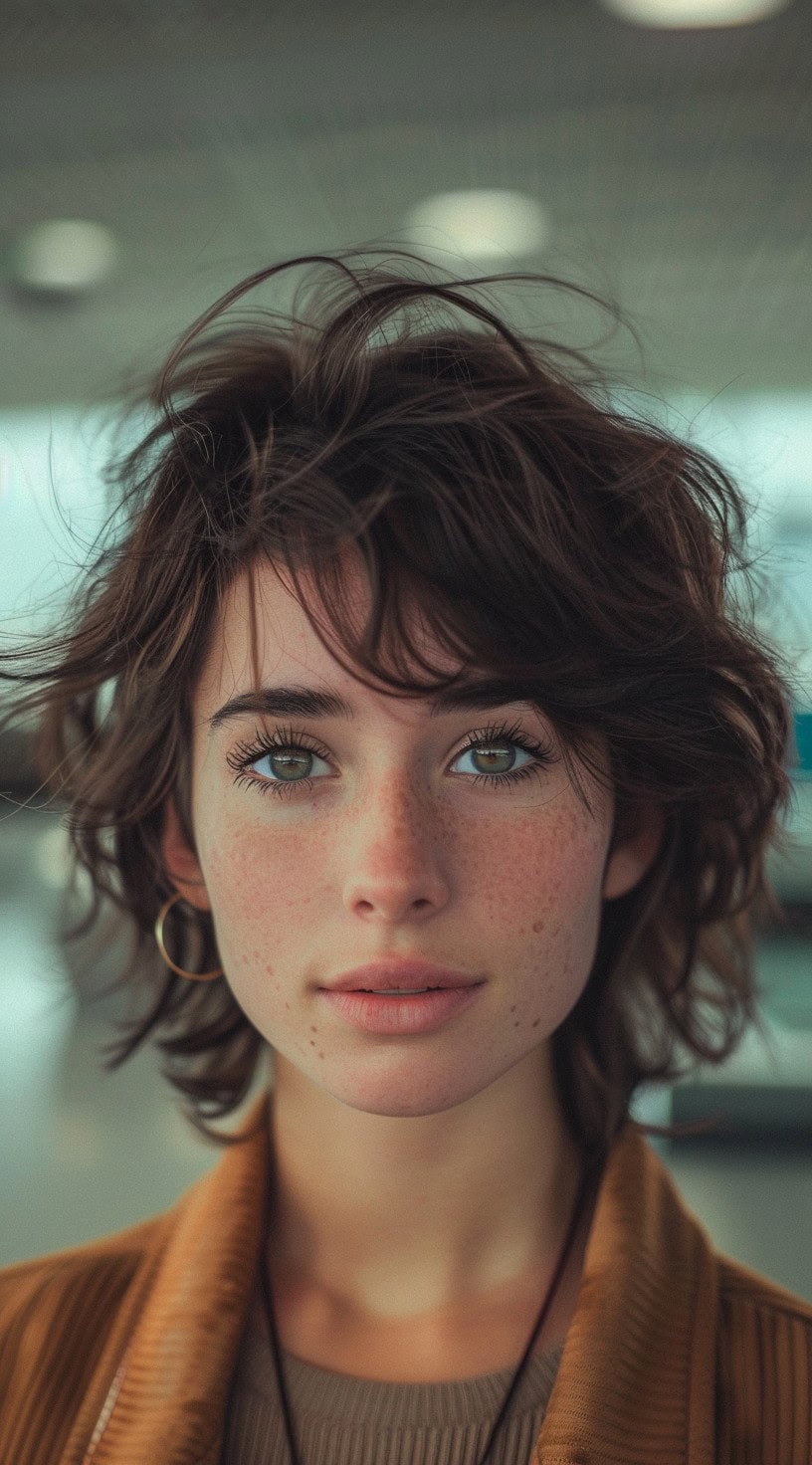 A close-up of a woman with tousled, short hair and minimal makeup.