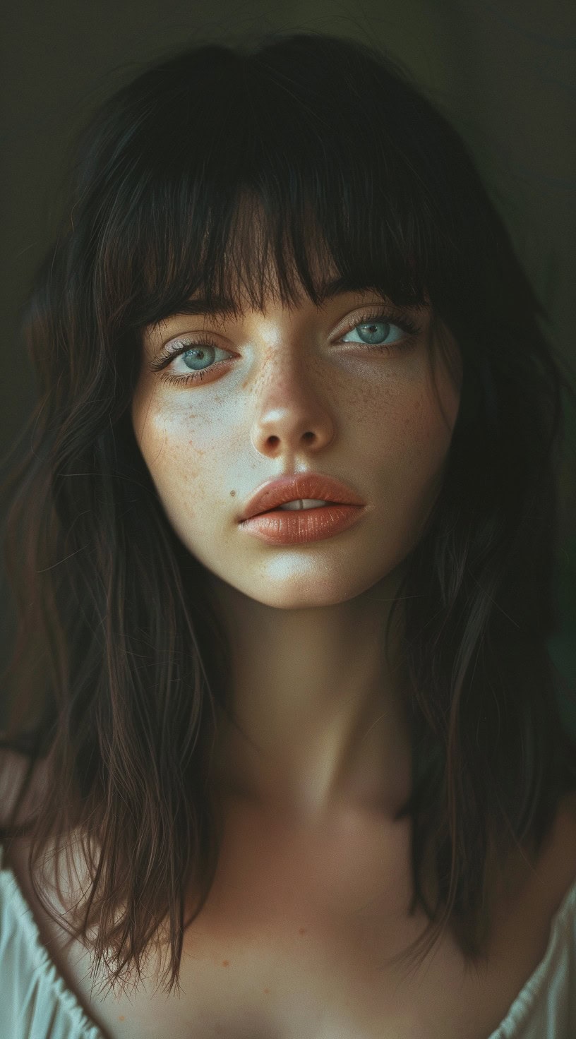 Close-up of a woman with a tousled long bob and thick bottleneck bangs, giving a voluminous and textured appearance.