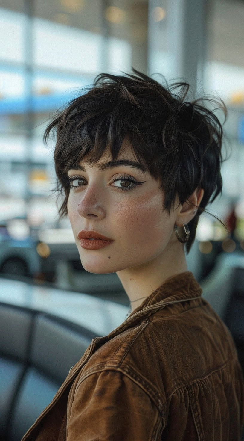 In the image, a person with a tousled pixie cut featuring textured layers poses at an airport lounge.