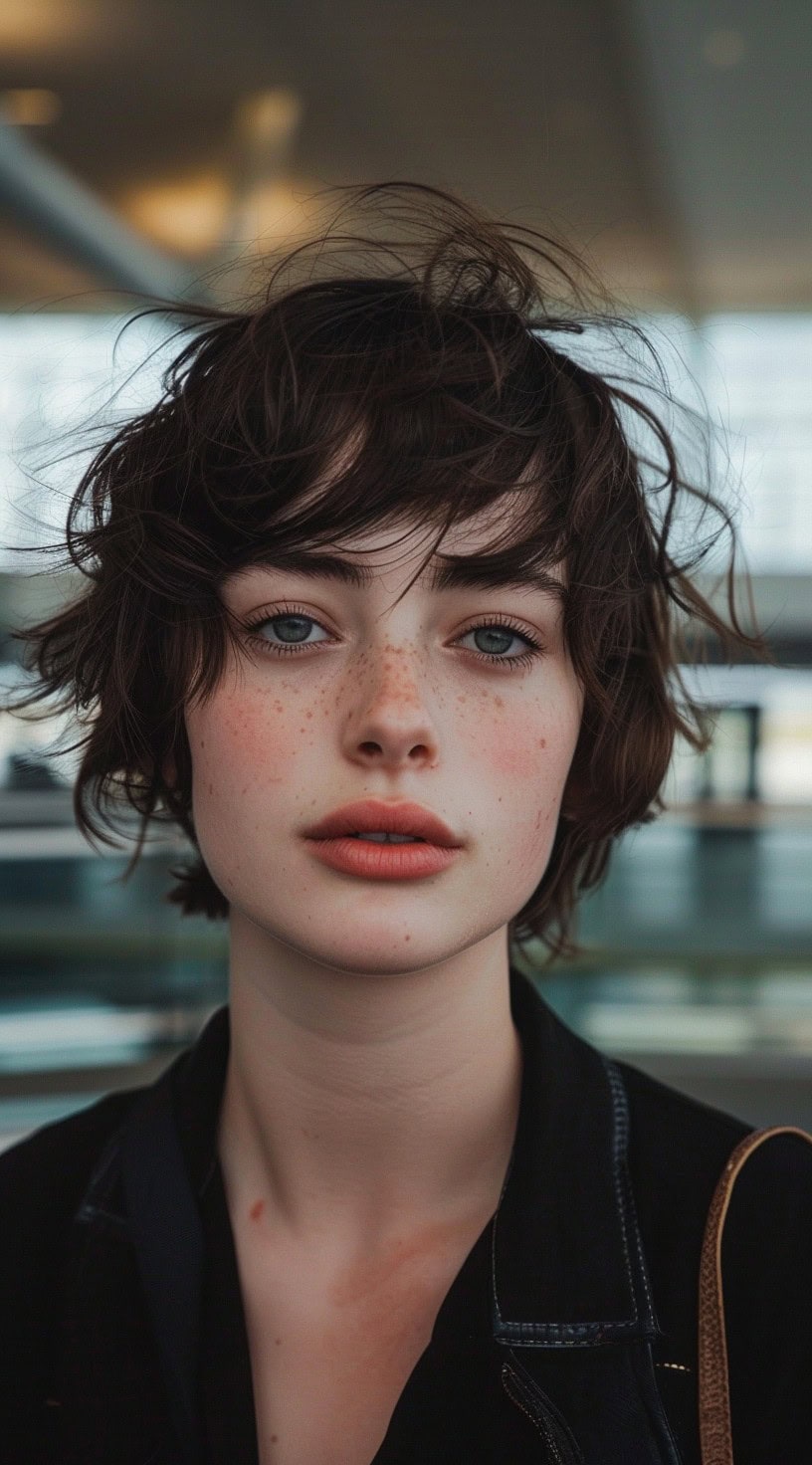 A woman with a tousled shaggy cut and short bangs in an airport.