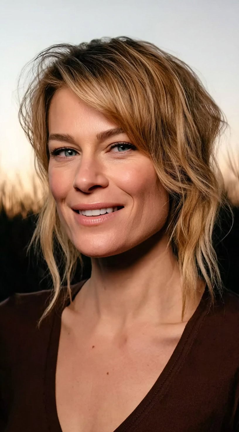 A woman wearing shoulder-length wavy hair with soft, tousled texture and natural-looking layers that add lift and dimension.