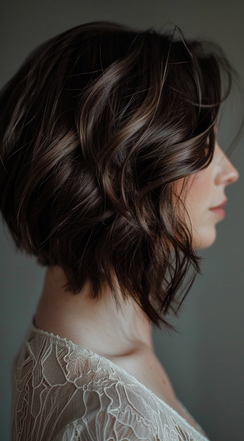 This image shows a side profile of a woman with a tousled stacked bob, featuring soft, wavy dark brown hair.