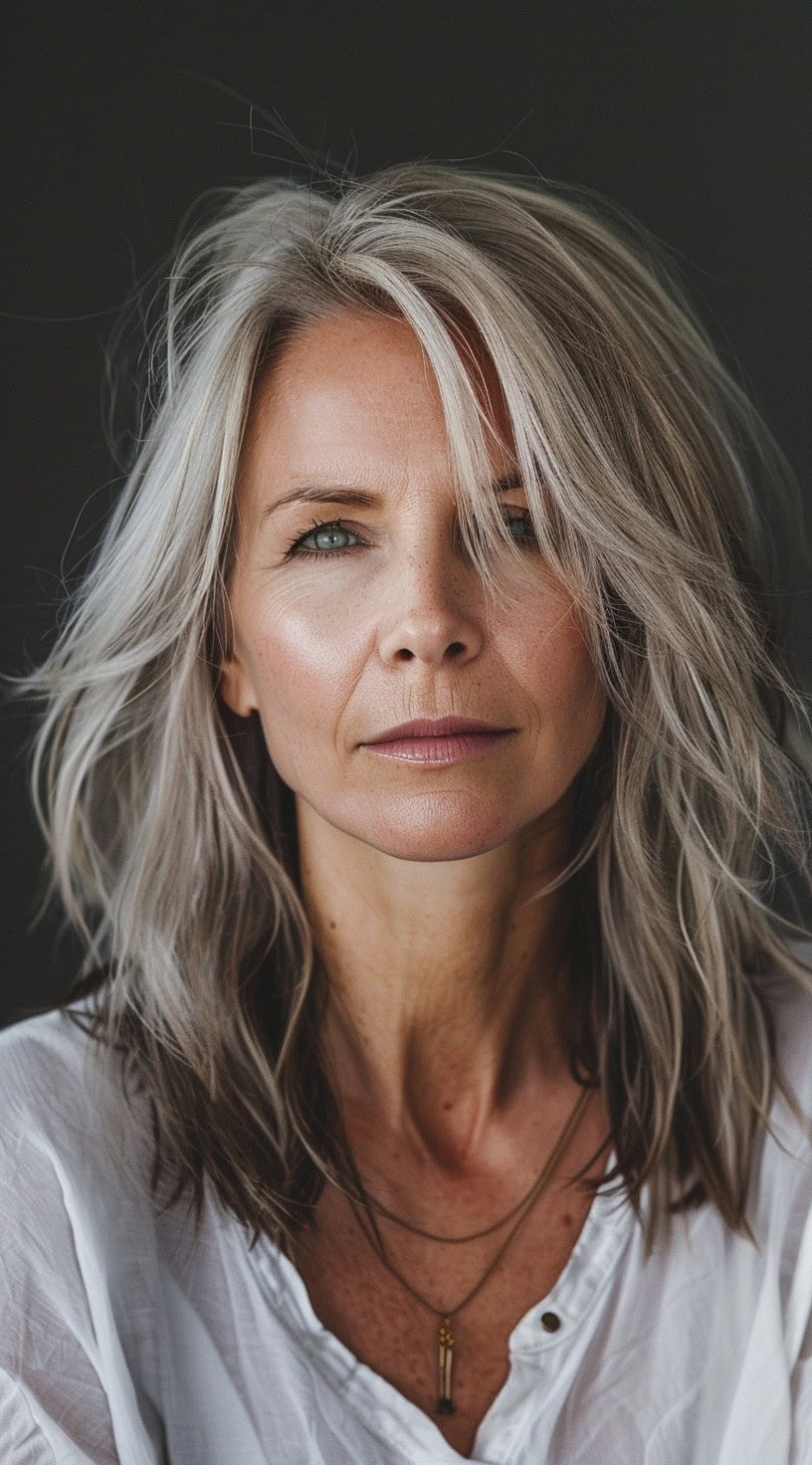 Tousled, textured hair with a side part and long side bangs on a woman with dark hair.