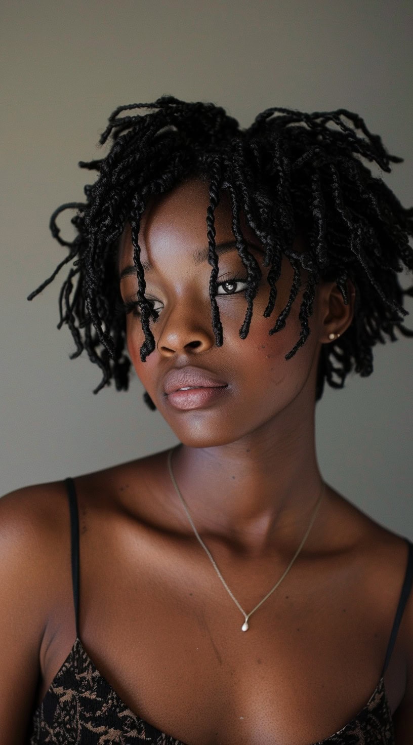 In this photo, a woman with tousled thin locs bob gazes to the side, showcasing the natural flow and texture of her hairstyle.