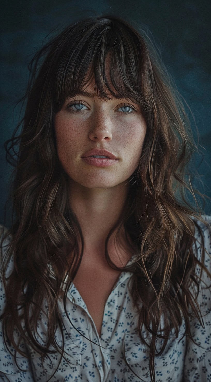 Front-facing view of a woman with tousled, wavy hair and bangs, wearing a patterned shirt.