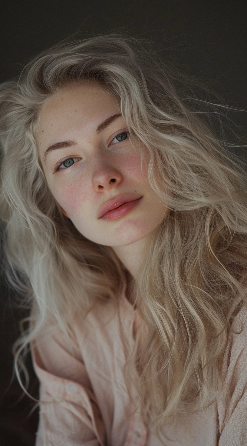 In this photo, a woman with natural, tousled waves and minimal makeup looks directly at the camera.