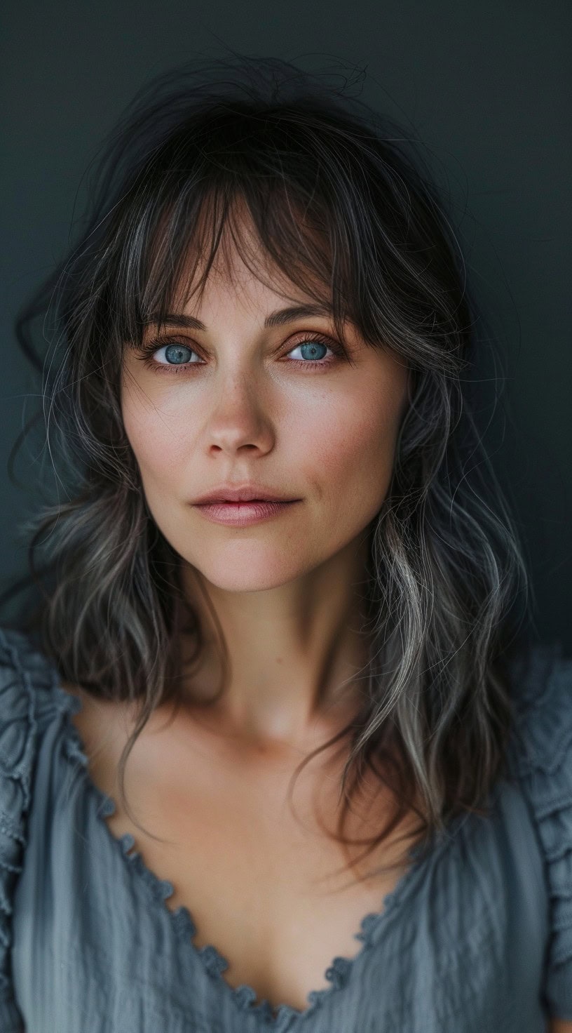 Tousled hairstyle with wispy curtain bangs on a woman with dark hair, creating a soft and airy look.