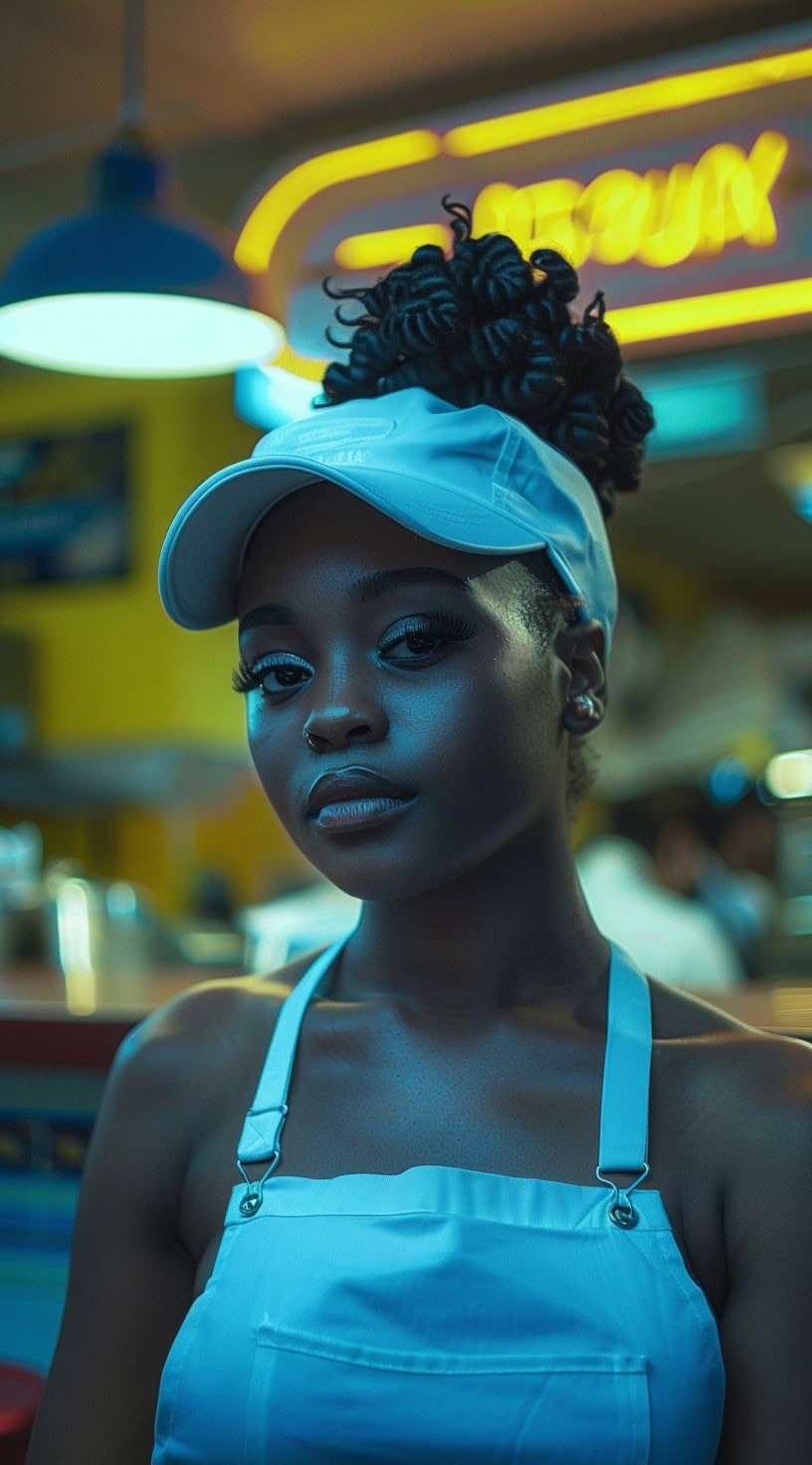 Close-up of a woman with a twist bun, wearing a white baseball cap in a brightly lit setting.