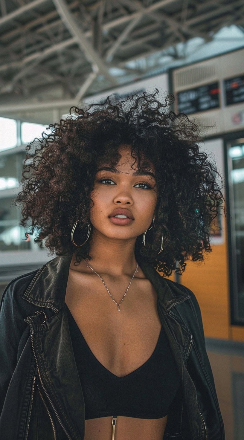 This photo shows a woman with curly hair styled into a twist out.