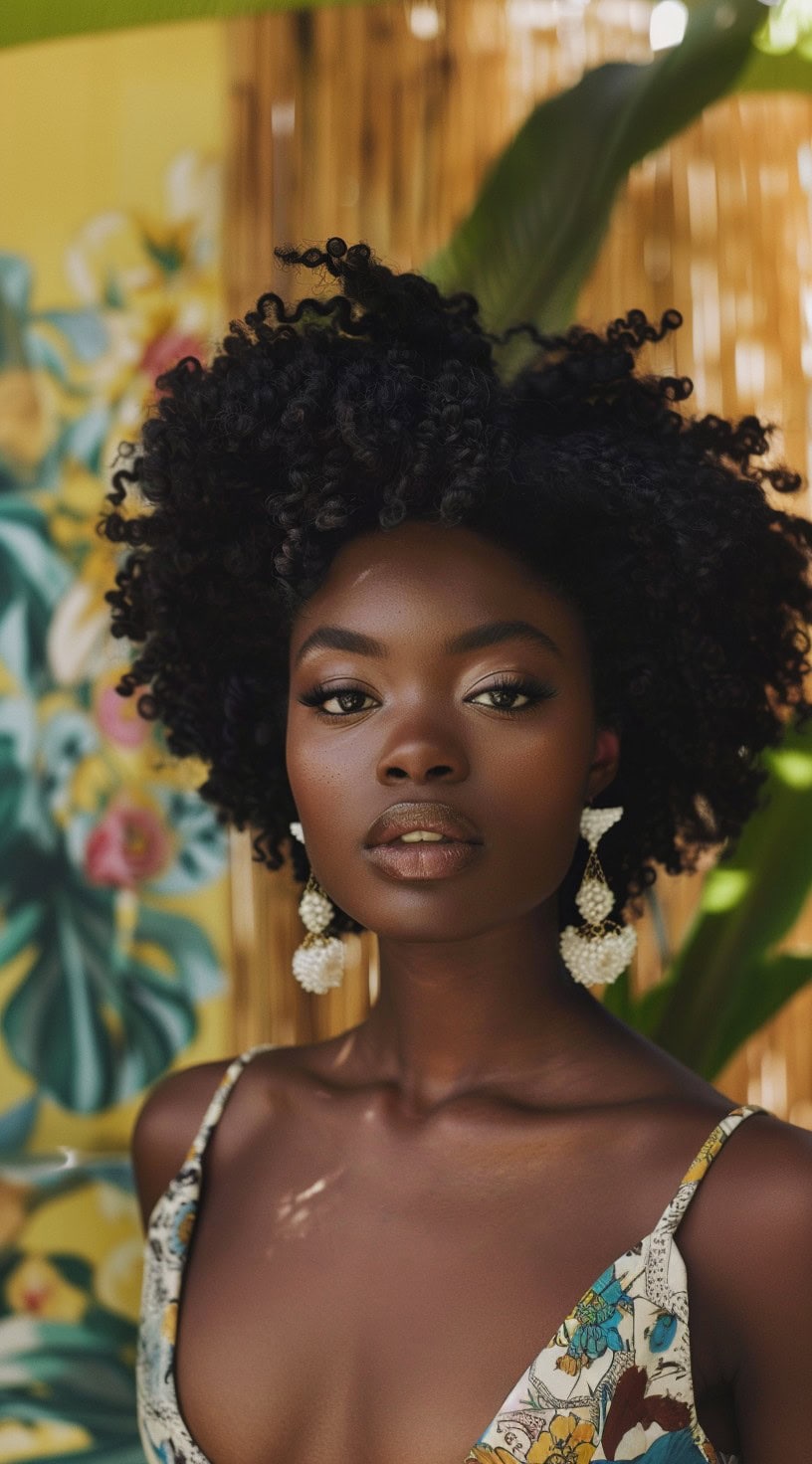 A twist out styled in voluminous, defined curls on a woman with glowing skin.