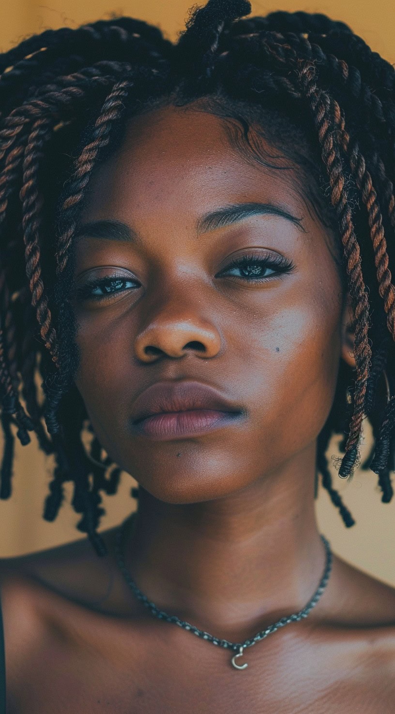 Two-strand twists with a mix of dark and brown hair, shown on a woman with a serene expression.