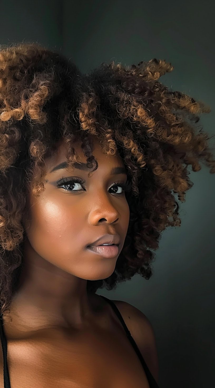 Twist out with defined curls and a natural look, shown on a woman with highlighted hair.