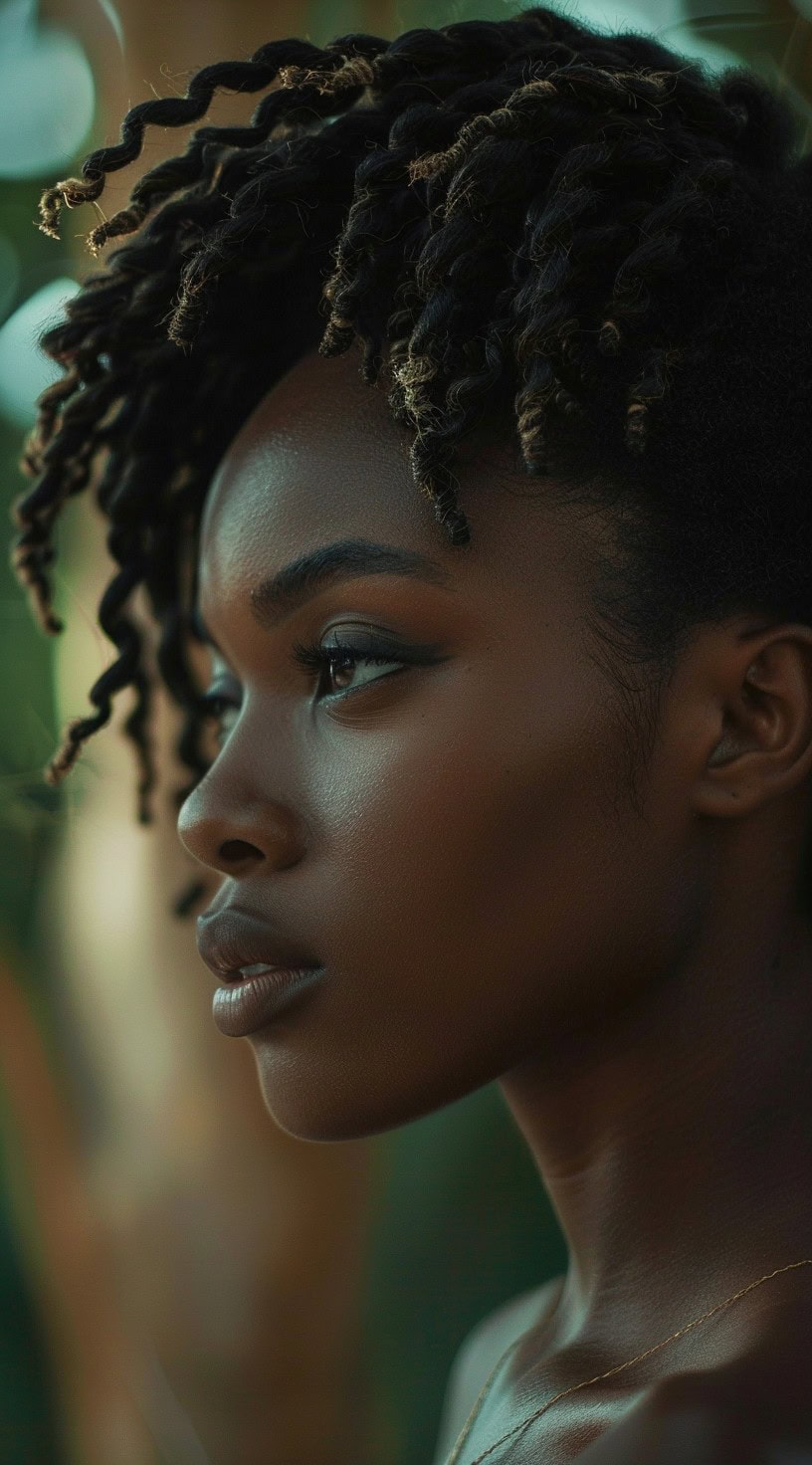 In this photo, a woman with 4c hair styled into a twisted faux hawk is shown.