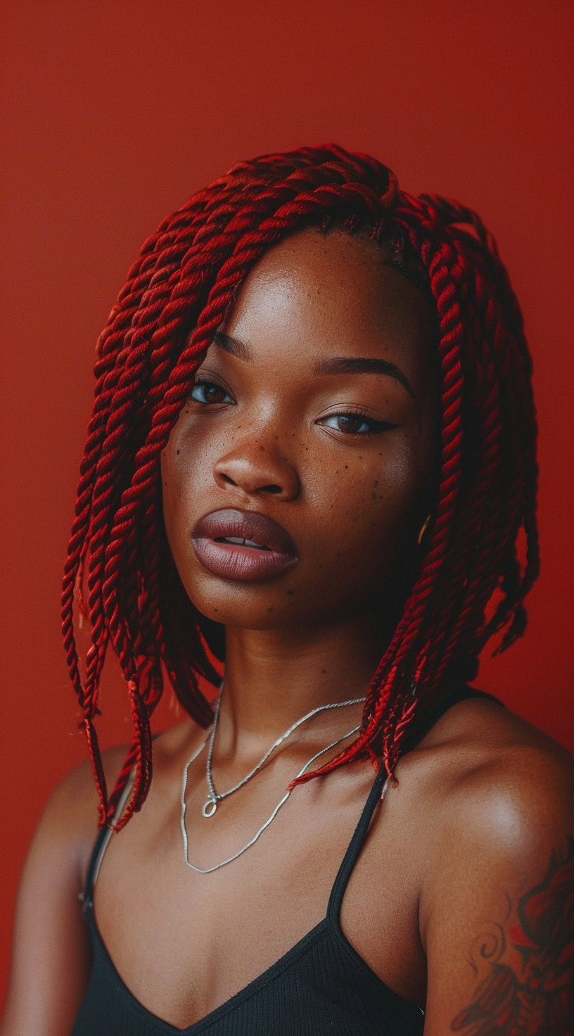 In the photo, a woman with red twists styled into a bob is shown.