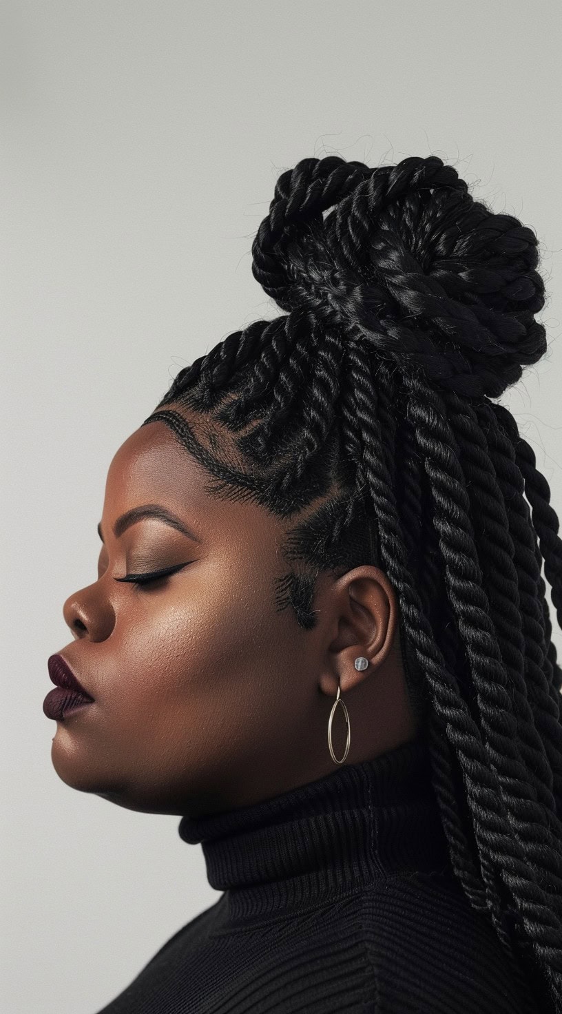 This image shows a black woman with twists styled half-up, half-down, with a top knot adding a chic finish.