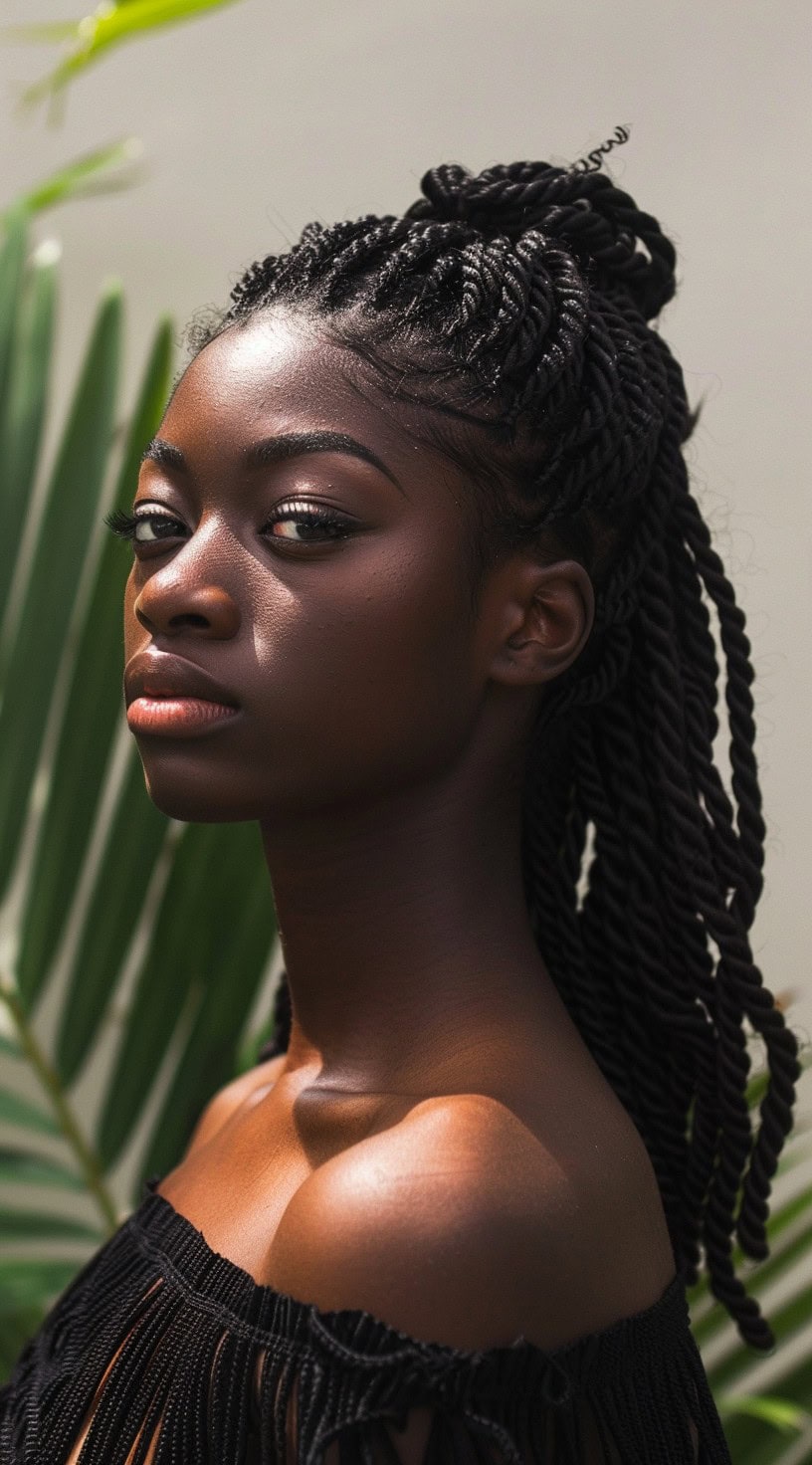 Two strand twists styled in a half-up, half-down look on a woman with a serene expression.