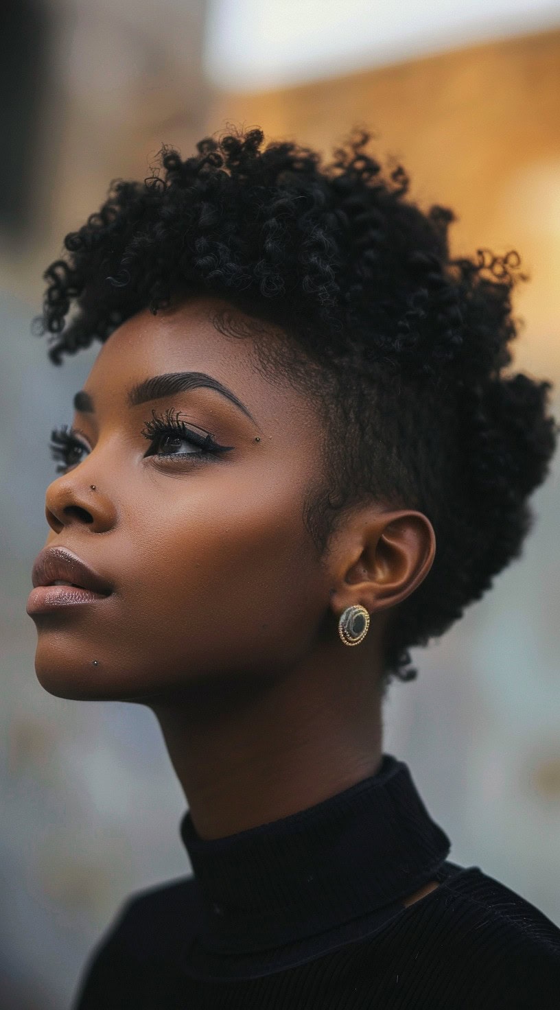 A woman with undercut sides and short natural hair, her gaze focused upwards.