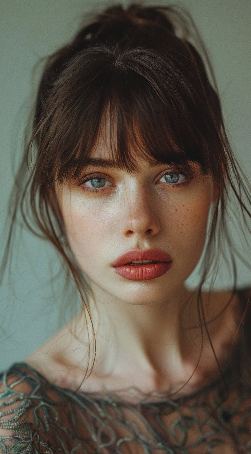 Close-up of a woman with an updo, bottleneck bangs, and framing tendrils, offering an elegant and sophisticated look.