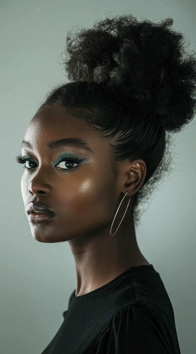 Side profile of a woman with an updo styled with extensions.