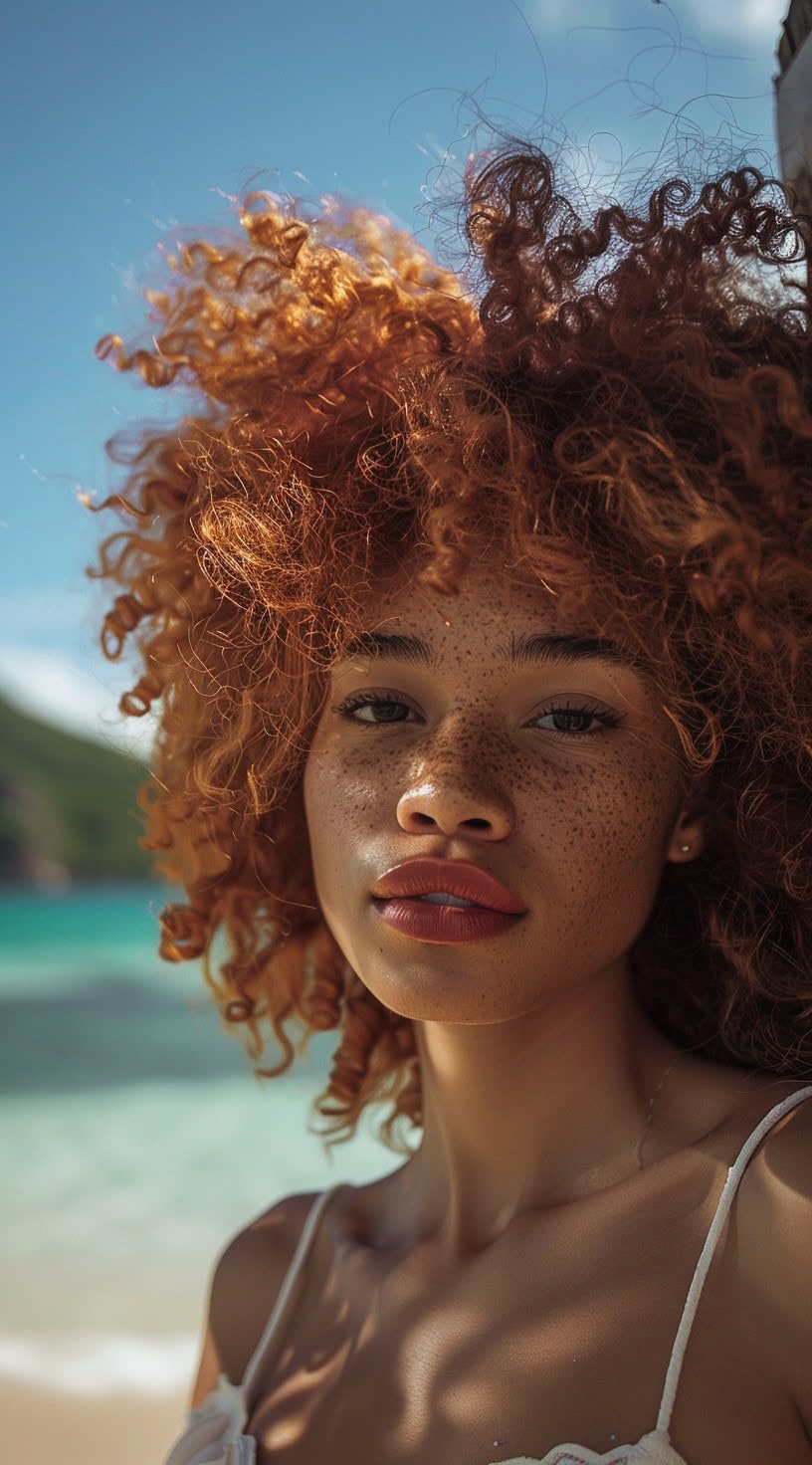 In the photo, a woman with vibrant red curly hair poses by the beach.