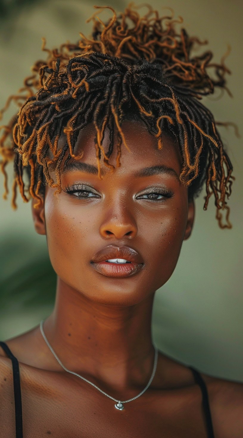 In this photo, a woman with thin locs featuring vibrant gradient-colored ends looks directly at the camera.