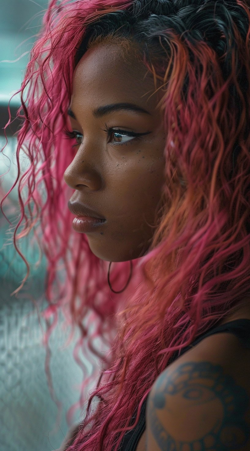 A young black woman with vibrant pink curls, looking contemplative with a tattoo on her shoulder.