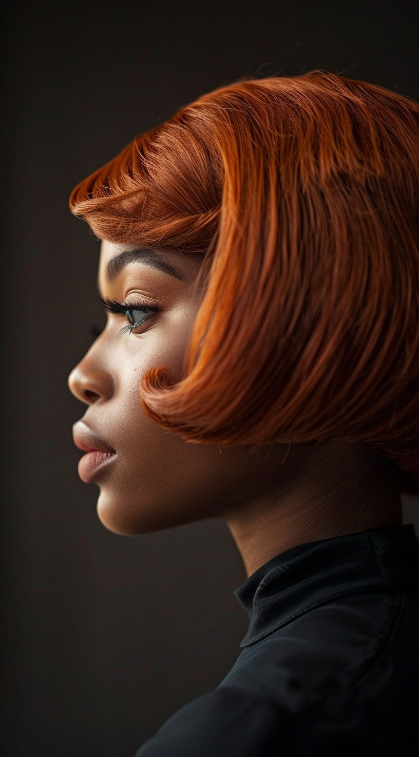 In the photo, a woman with a retro-inspired red bob is shown.