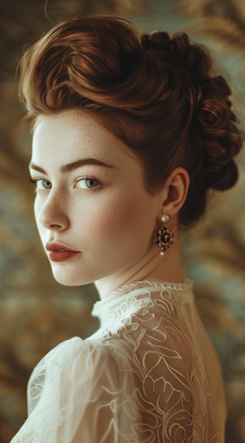 In this photo, a woman with vintage victory rolls and a lace dress looks over her shoulder.