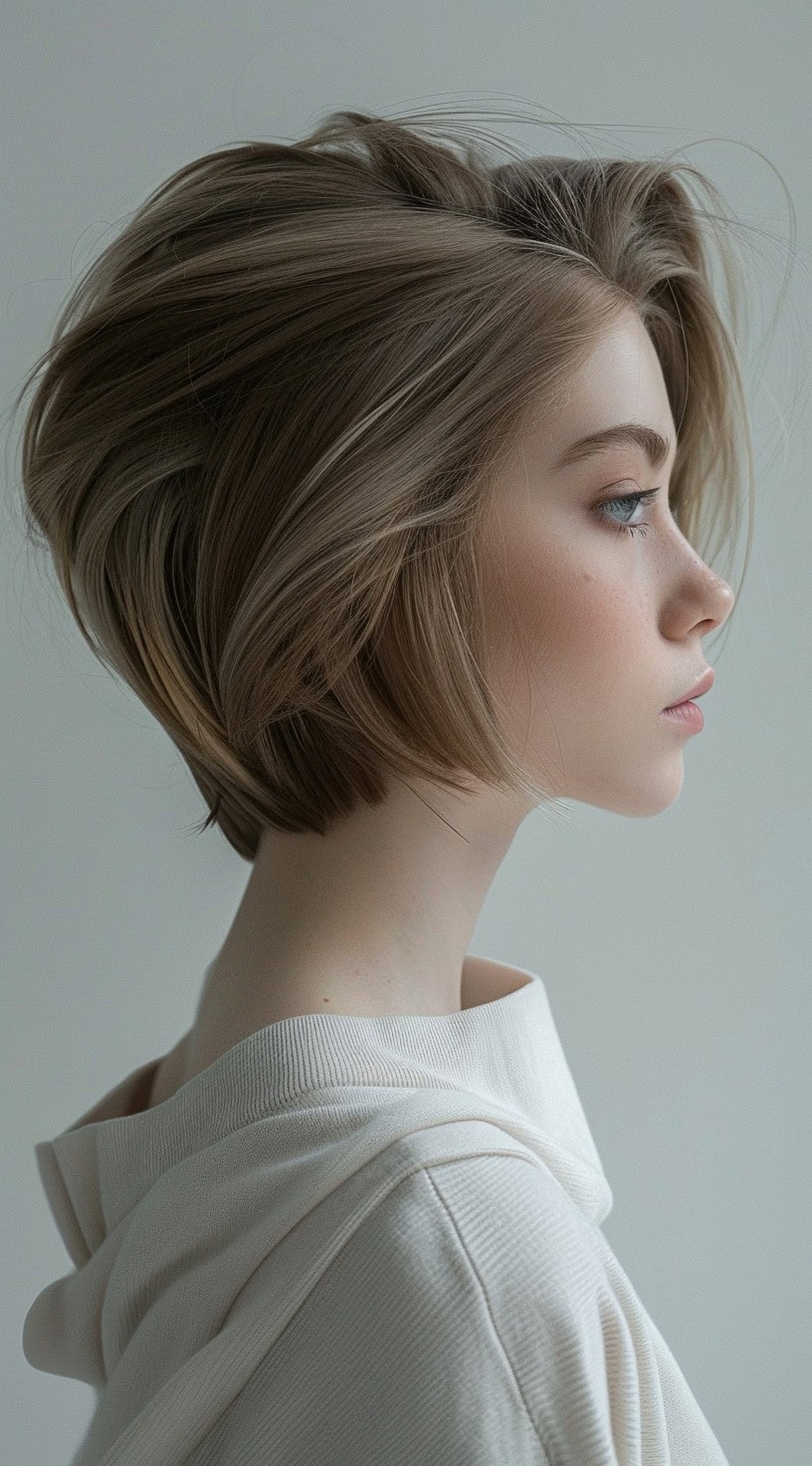 This image shows a side profile of a woman with a voluminous ash blonde stacked bob, wearing a light-colored top.