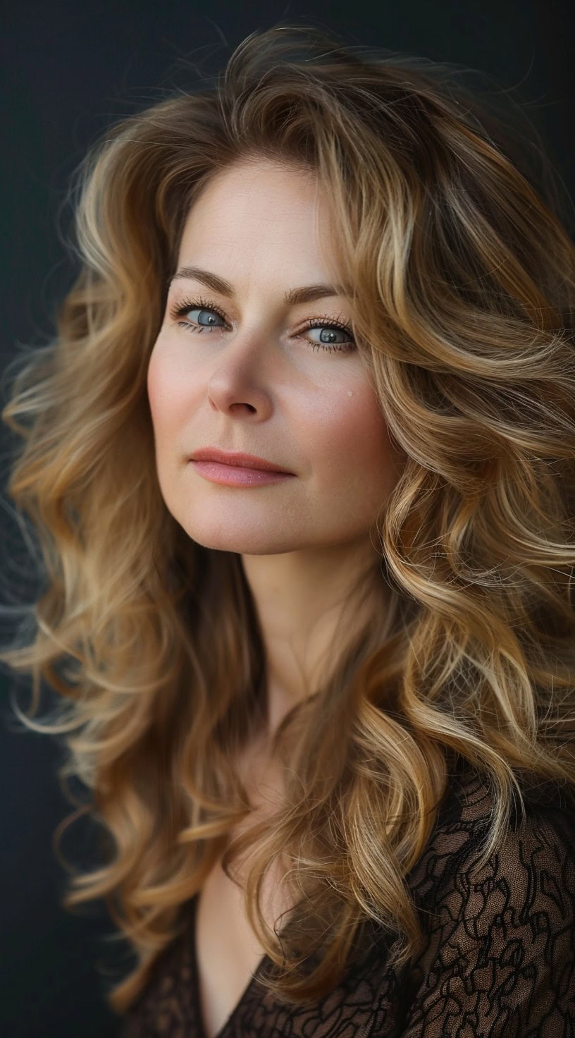 Voluminous blowout hairstyle on a woman with blonde hair, adding body and movement.