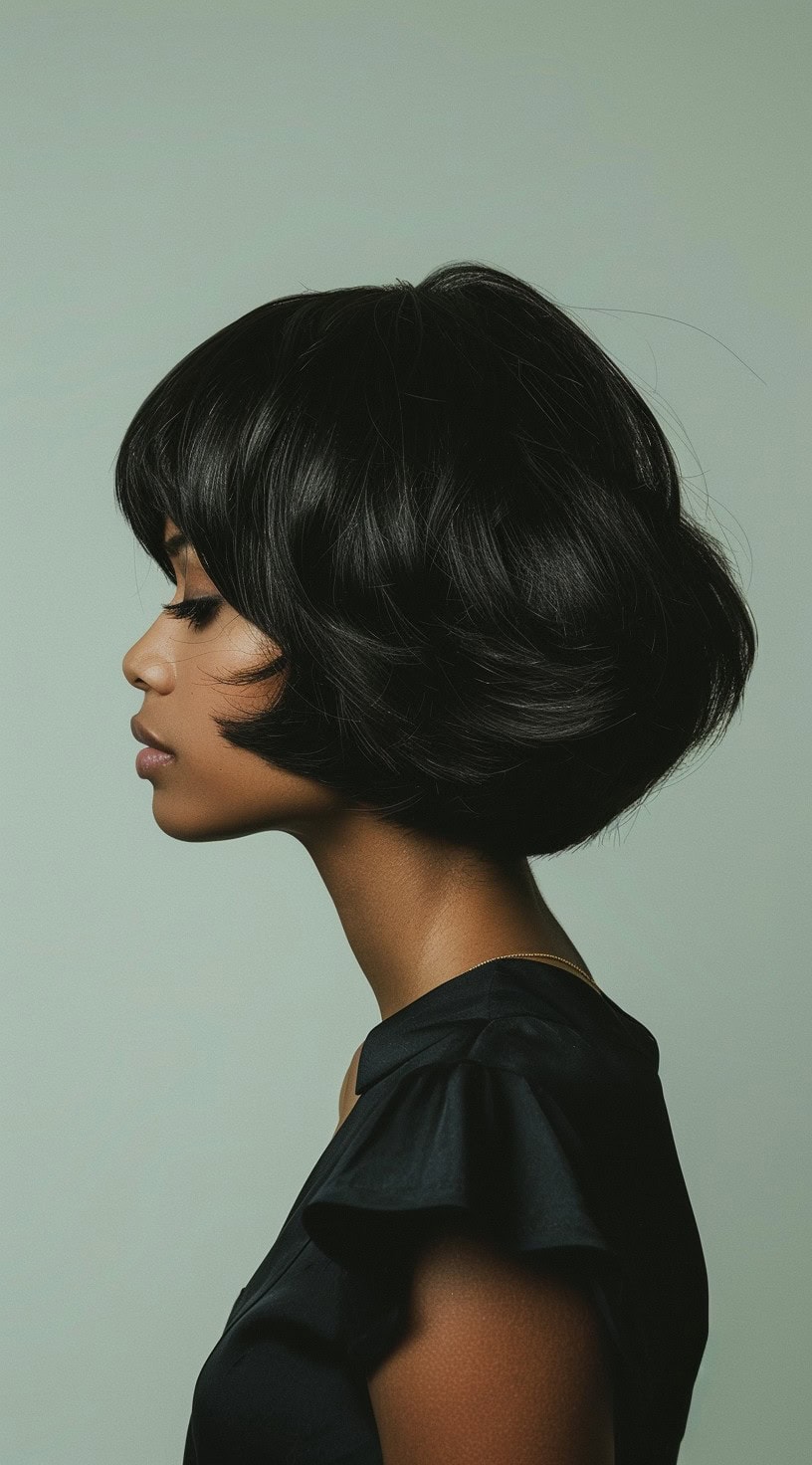 Side profile of a woman with a voluminous bob haircut and rounded bangs, wearing a black dress.