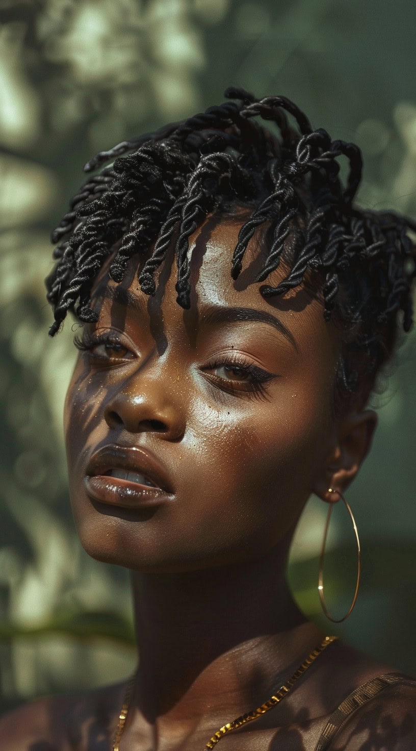 Close-up of a woman with voluminous crochet twist bangs styled in an updo, adorned with hoop earrings.