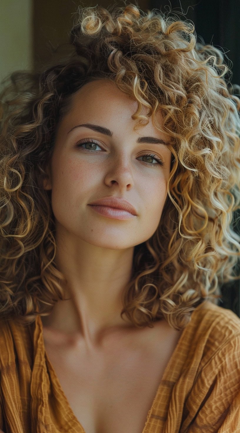 Voluminous curls with a side part on a woman with curly blonde hair, adding fullness and definition.