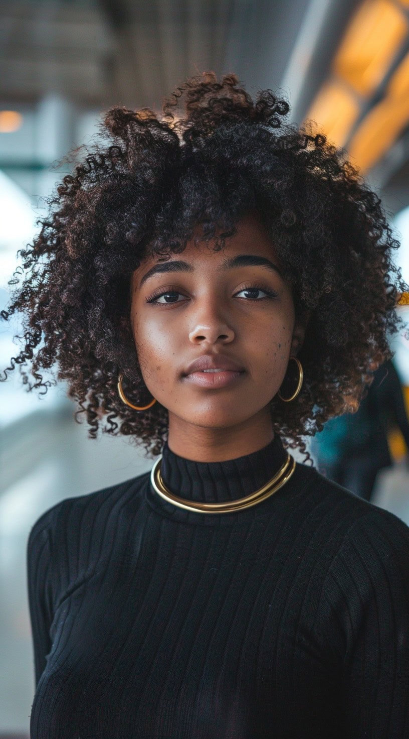 A woman with a voluminous curly afro hairstyle standing in an airport.