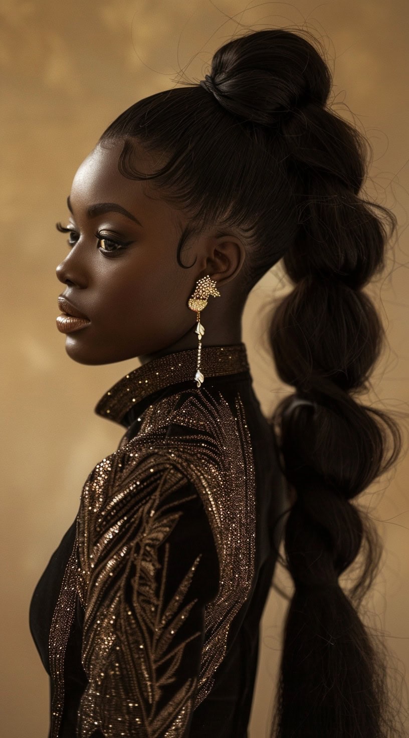 A side profile of a woman with a voluminous high bubble ponytail, wearing an elegant outfit with gold details.