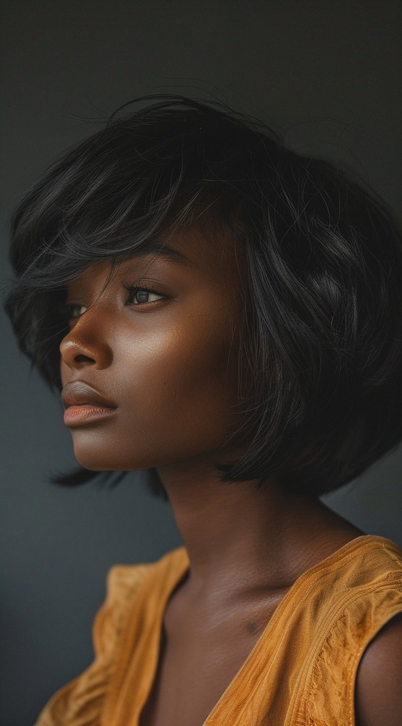 Profile view of a woman with a voluminous layered bob and feathered bangs.