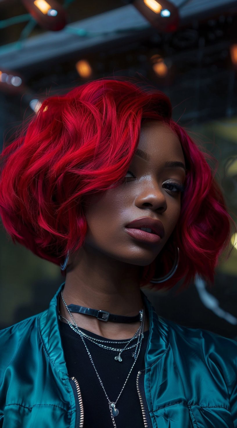 In this photo, a woman with dark skin is seen with a voluminous layered red bob, styled with an edgy flair.