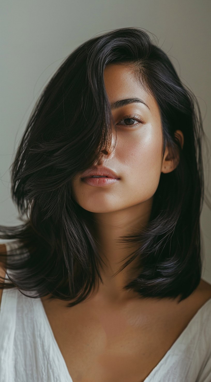 A woman with a shoulder-length, voluminous lob and a deep side part looks into the camera.