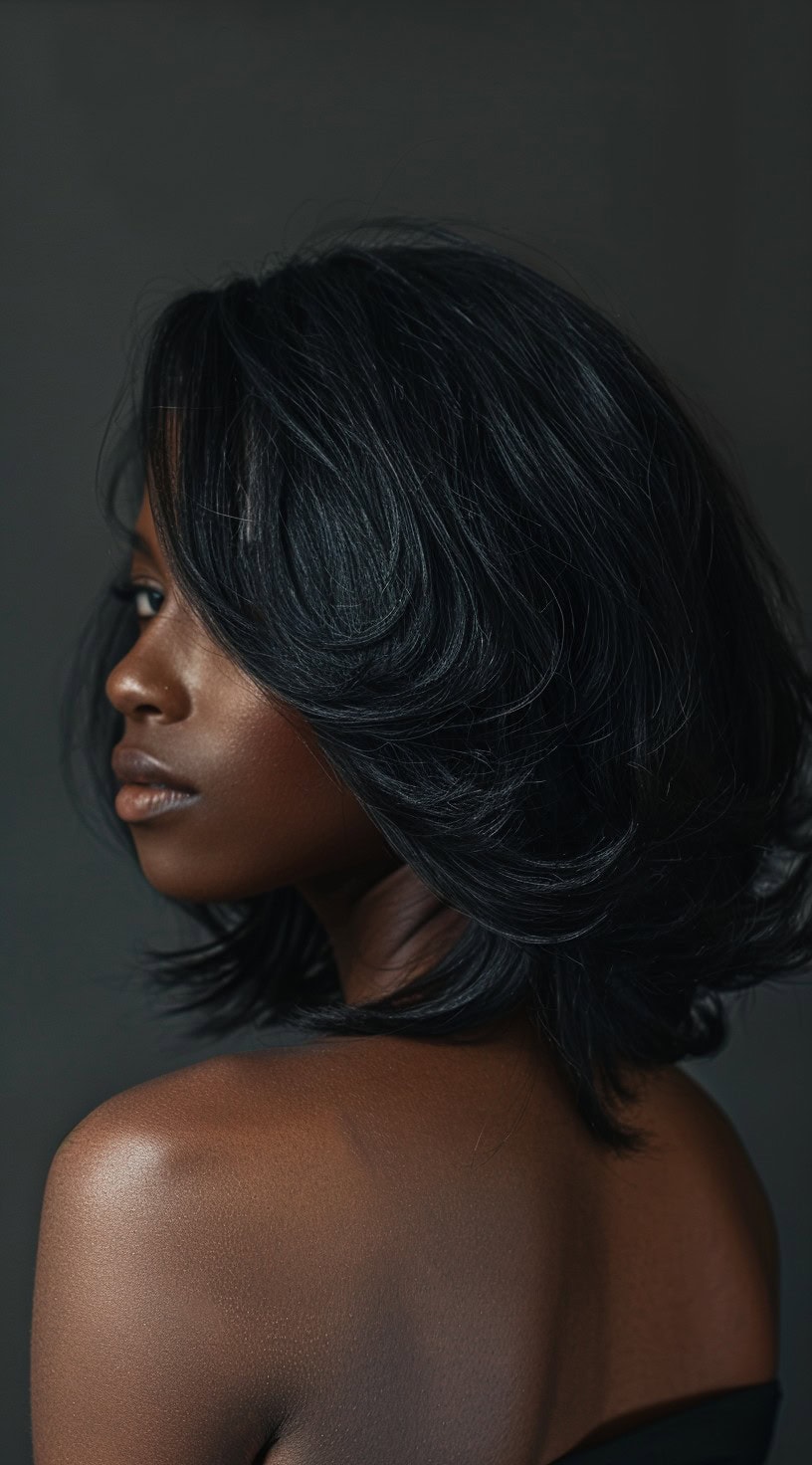 Profile view of a woman with a voluminous long bob with feathered layers and side bangs.