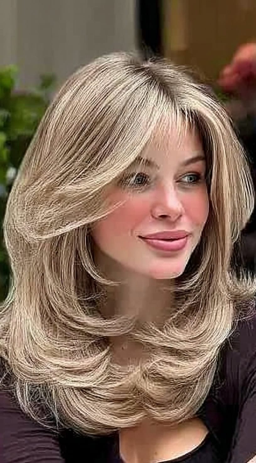 A woman wearing a mid-length hairstyle with voluminous feathered layers styled into a smooth, bouncy blowout.